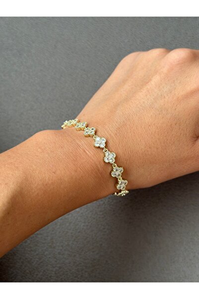 Tasarım Altın Kaplama Taşlı Çiçekli Bileklik