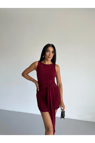 hazelin Γυναικείο φόρεμα με λαιμόκοψη μπορντό με μηδενικό μανίκι με ζώνη HZL2...