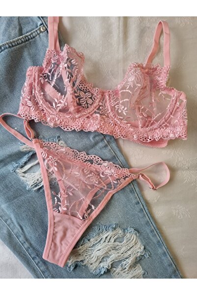 Demirsa Boutique Floral Lace Pink Bra and Thong, Lingerie Set