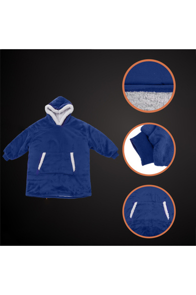 zola Φούτερ με κουβέρτα 2 σε 1 με κουκούλα και τσέπη, universal, αφράτο εσωτερικό, 88 x 80 cm, πολυεστέρας, μπλε σκούρο