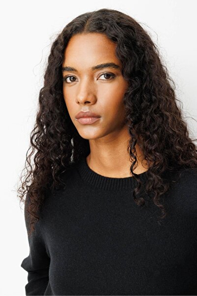 Desen Triko Women's Crew Neck Side Slit Wool Sweater Black