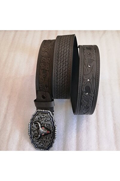 Butik Tülin Unisex Authentic Faux Leather Printed Grey Silver Floral Buffalo Bull Skull Cowboy Buckle Belt