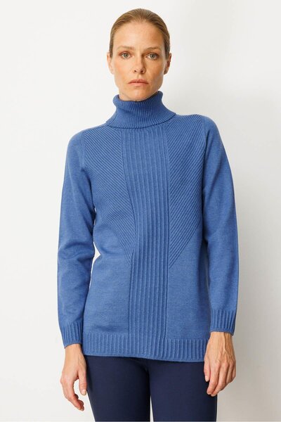 Desen Triko Women's Full Turtleneck Long Striped Sweater Indigo