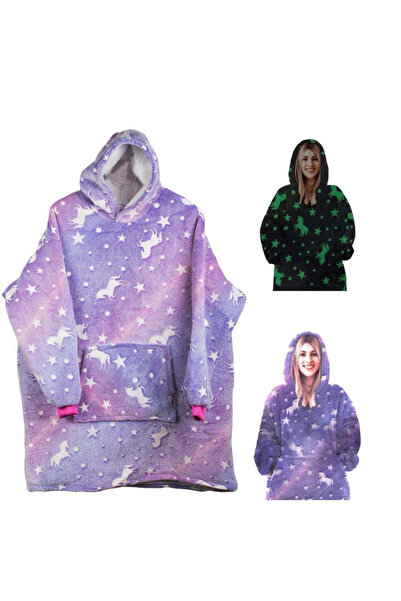 zola Hooded sweatshirt with sleeves, fluorescent inserts, large pocket, purple unicorn pattern