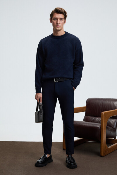 GRIMELANGE Crudo Men's Regular Fit Woven Navy Blue Trousers with Side and Back Pockets and Zipper