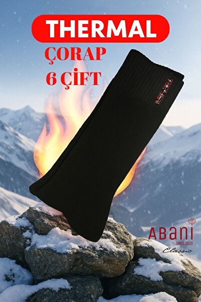 Abani Classic 6 Çift Siyah Termal Erkek - Unisex Kışlık Havlu Soket (Uzun) Ço...