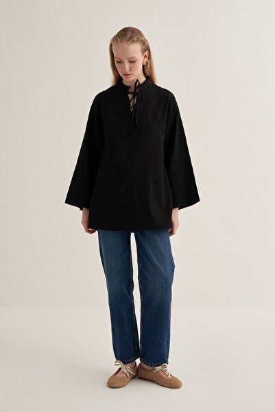 EBU Prive Women's Organic Cotton V-Neck Blouse Black