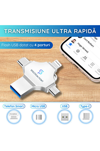 SpectrumPoint Stick USB 256 GB,4-in-1 USB 3.0+Type-C+MicroUSB+Lightning, Compatibil Android,iPhone,Laptop,Tableta
