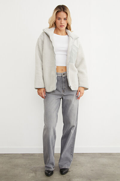 Fulla Moda Fermuarlı Tek Cepli Dik Yaka Pelüş Mont