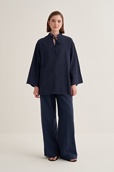 EBU Prive Women's Organic Cotton V-Neck Blouse Navy Blue