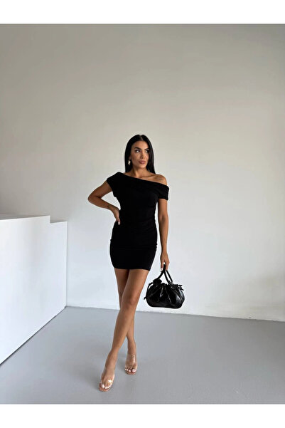 hazelin Women's Black Boat Neck Side Draped Mini Dress Hzl25S-Fry123261