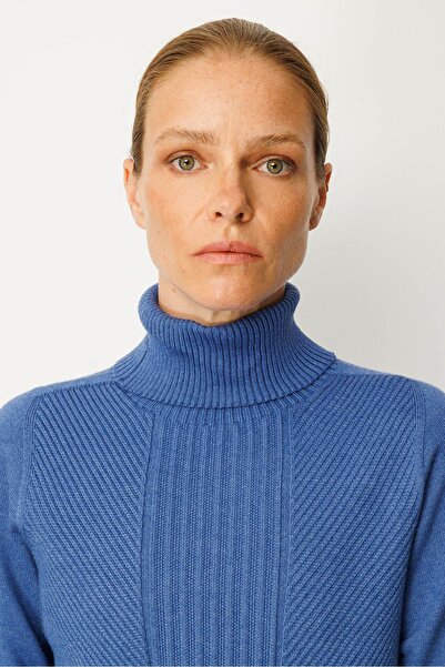 Desen Triko Pulover cu gât complet pentru femei, cu dungi lungi în față, Indigo