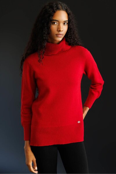 Desen Triko Women's Full Turtleneck Wool Sweater with Side Slits Dark Red