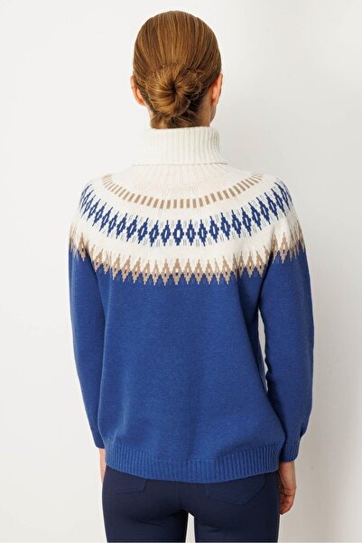 Desen Triko Pulover de lână cu gât complet pentru femei, albastru