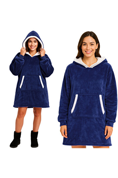 zola Φούτερ με κουβέρτα 2 σε 1 με κουκούλα και τσέπη, universal, αφράτο εσωτερικό, 88 x 80 cm, πολυεστέρας, μπλε σκούρο