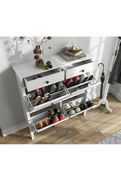 Sakura Ahşap Hunerika Melora 4 kapaklı 2 çekmeceli ayakkabılık -Wood Beyaz-Minifiks Bağlantılı