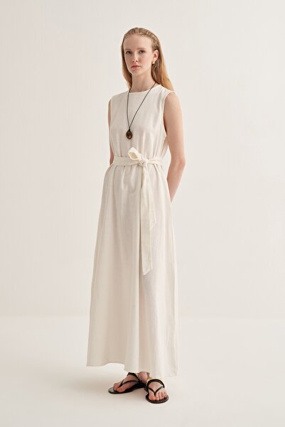 EBU Prive Women's Organic Cotton Sleeveless Belted Dress Ecru