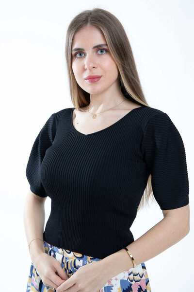 mica Solid Ribbed Puff Sleeve Top