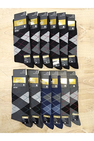 ÜNLÜ ÇORAP Памучни безшевни сезонни чорапи с тартан мотив, 12 чифта