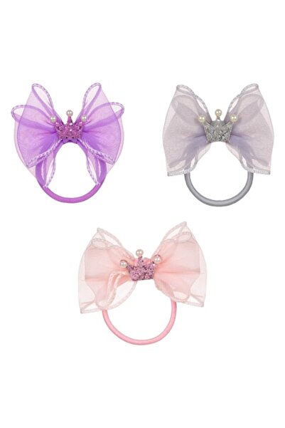 SHOPIENS Set 3 elastice pentru fete, gri, roz cu fundă verde deschis și coron...