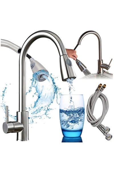 2H Kitchen faucet with pull-out spout, stainless steel, flexible, mobile, silver color