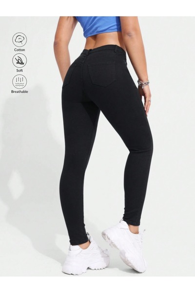 SHEVEGA Women's Black High Waist Linen Lycra Tight Leg Trousers