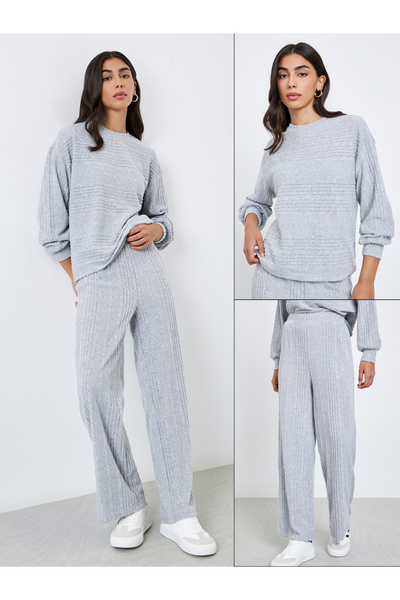 Styli Ribbed Knit Top and Wide Leg Pants Co-Ords