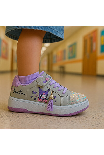 JOJO KIDS Girl's kuromi leather sports shoes, velcro sneakers, thick sole.