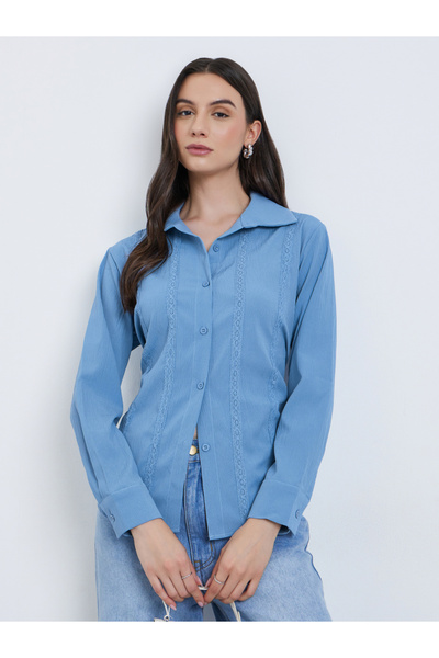 Take Two By Styli Solid Lace Trim Buttoned Long Sleeve Shirt