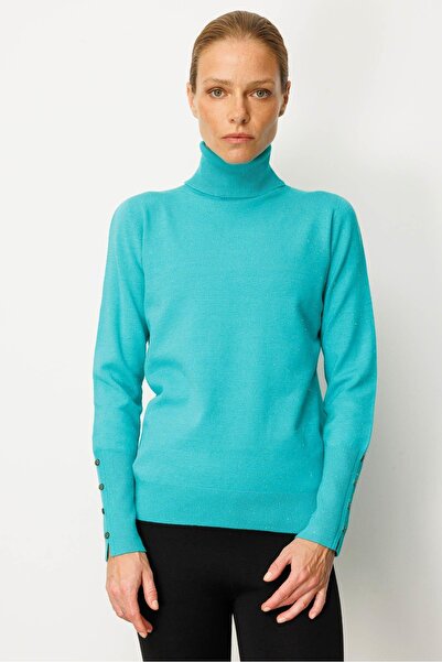 Desen Triko Γυναικείο πουλόβερ με ψηλό λαιμό και σκίσιμο στο τελείωμα του μανίκι, σκούρο πράσινο