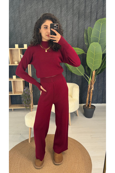 PUANT ATELIER Finger-Looped Ribbed Half-Fisherman Knit Crop Sweater Pants Knitwear Bottom-Top Set