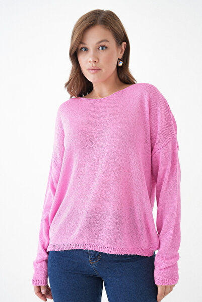 barış sülün lovebox Women's Crew Neck Oversize Pink Knit Sweater 6933