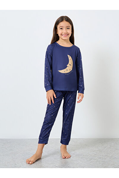 Styli Girls Navy Star Moon Print T-Shirt and Pyjama Set