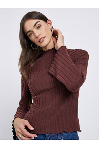 Styli Brown Ribbed Knit Long Sleeve Top