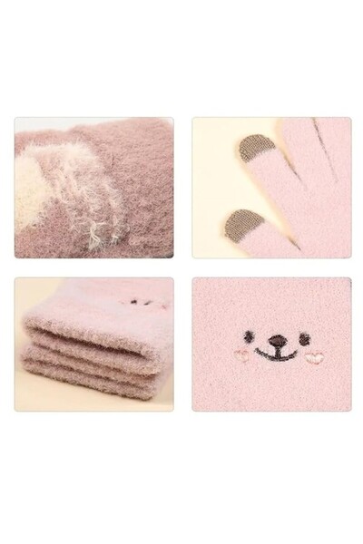 Flippy Women's Gloves - Smiling Face, Touchscreen, Embroidered Wool, Pink