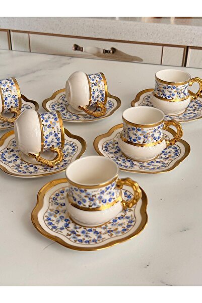 ROSSEV Türk Kahve Fincanı Daisy Mavi 6 Kişilik 12 Parça