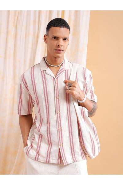 The Indian Garage Co By Styli Men Cream Relaxed Fit Striped Resortwear Shirt