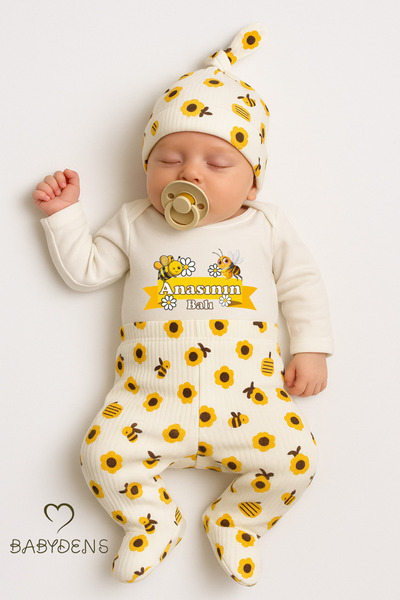 BABYDEN'S Mother's Honey Written 3-Piece Baby Set – Bee Patterned Pants, Hat, and Long Sleeve Ribbed Bodysuit