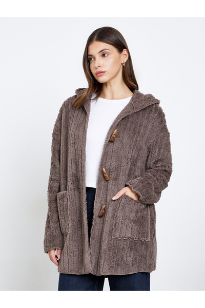 Take Two By Styli Brown Furry Button-Up Teddy Coat