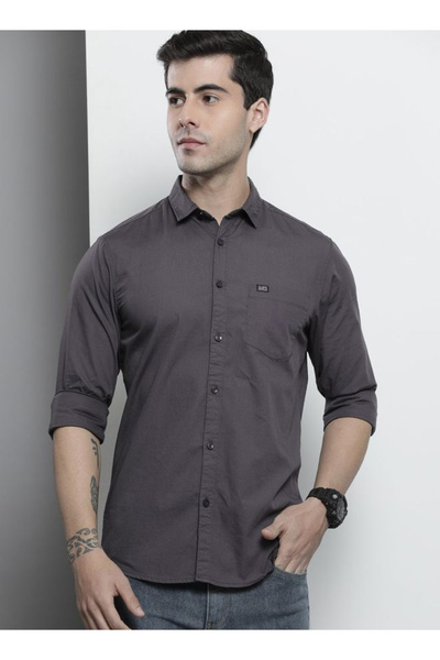 The Indian Garage Co By Styli Men Charcoal Slim Fit Solid Casual Shirt