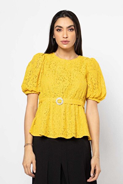 Nichii Lace Puff-Sleeve Top with Belt