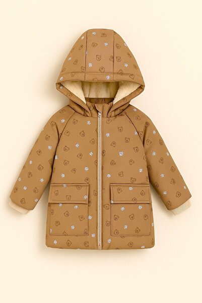 DeKuBaby Cute Bear Printed Plush Fur Inside Zippered Pocket Hooded Baby-Child Winter Coat-Jacket