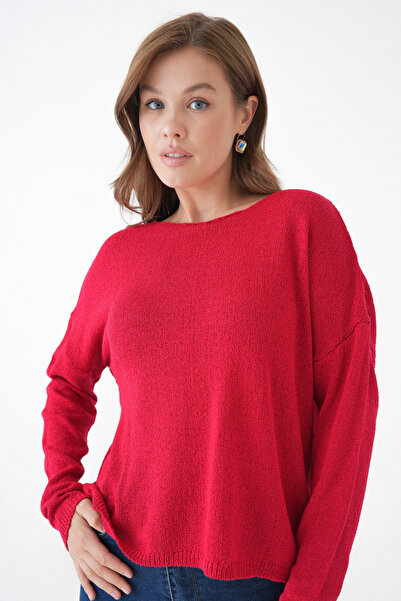 barış sülün lovebox Women's Crew Neck Oversize Red Knit Sweater 6933