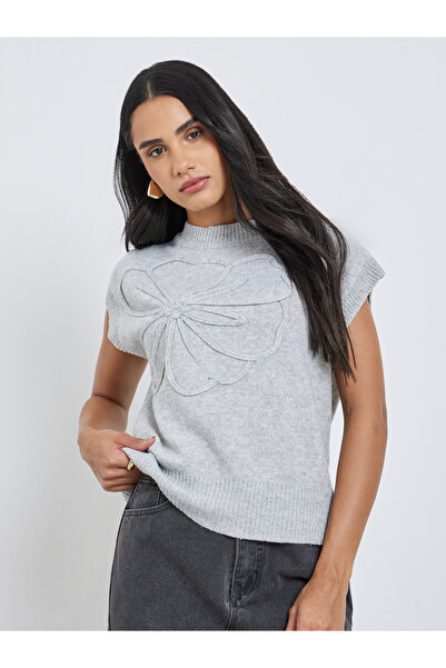 Styli Grey Knit Vest Top with Floral Detail