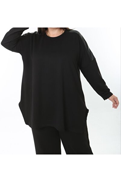 Butik Nilyam Γυναικεία μπλούζα με μακρύ μανίκι με λαιμόκοψη με δερμάτινη λεπτομέρεια 25007