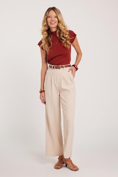 Tudors Women's Regular Fit Classic Cut High Waist Wide Leg Beige Trousers