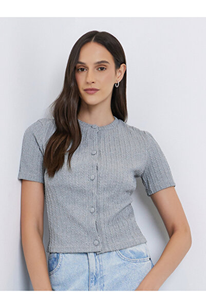 Styli Women Grey Textured Buttoned Knit Top