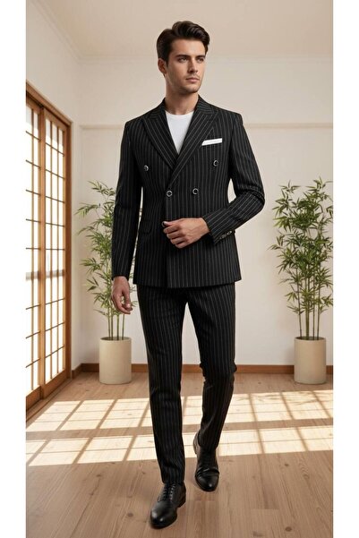 Salihtarzz Takım Elbise Kruvaze SlimFit Siyah Çizgili SD42207