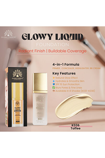 global fashion Glowy Liquid Foundation 30ml – 8 Shades, Radiant Finish, Buildable Coverage, Hydrating, SPF 15