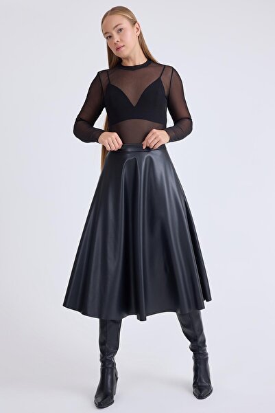 Vitrin Midi Length Leather Flared Skirt